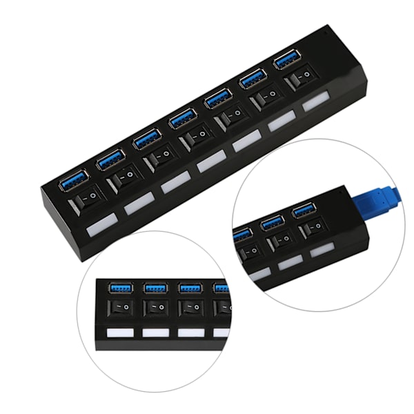 Extern USB 3.0-hub med 7 portar, hög hastighet, på/av-switch, splitter för MAC, svart
