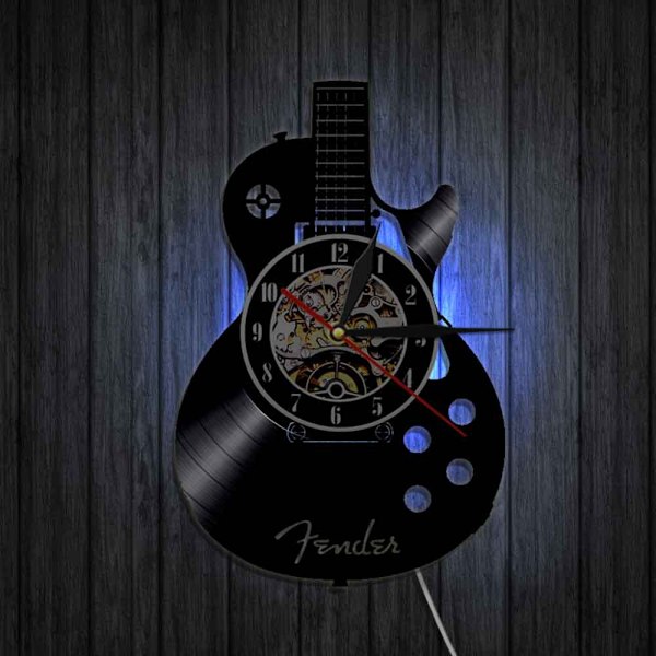 12-tums vinyl väggklocka med lampa vardagsrum studie retro gitarr cd skivväggklocka ljudlös anpassad klocka
