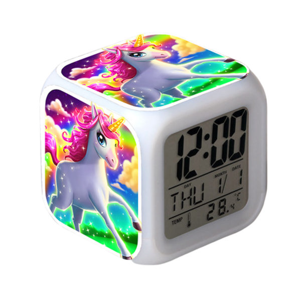 Wekity Unicorn Färgglad Alarmklocka LED Kvadratklocka Digital Alarmklocka med Tid, Temperatur, Alarm, Datum