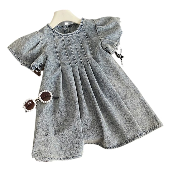 Sommarklänningar i denim för flickor i koreansk stil 2-4 år, kort trumpetärm, plisserad mjuk denimklänning, barnkläder 80cm