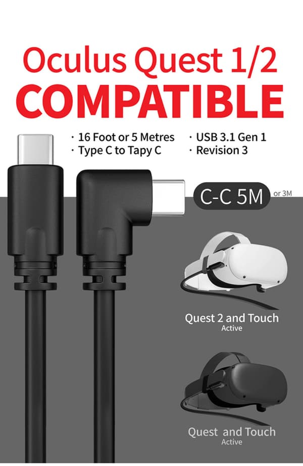 2-i-1 Quest (Oculus) Link Virtual Reality Headset-kabel för Quest 2 och Quest - 16FT (5M) - PC VR