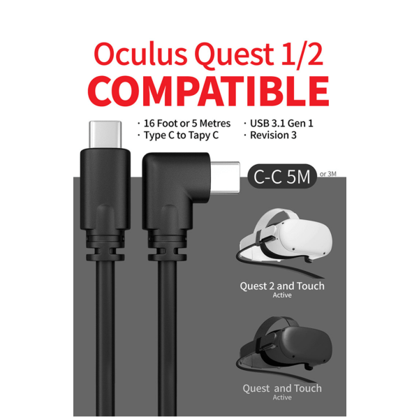 2-i-1 Quest (Oculus) Link Virtual Reality Headset-kabel til Quest 2 og Quest - 16FT (5M) - PC VR