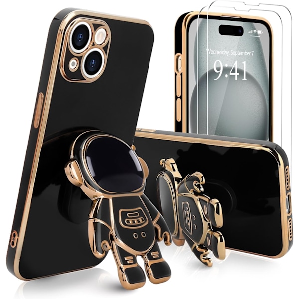 För iPhone 15plus Skal, Söt 3D Astronaut Stativ med [2 Skärmskydd] [Kameraskydd] Stötsäkert Bling Silikon Mjukt Fodral black
