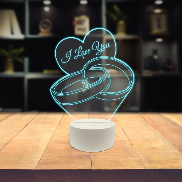 Bröllopslampa 3D LED, Hjärtformade Vigsel- och Förlovningsringar, Optisk Illusion i Akryl