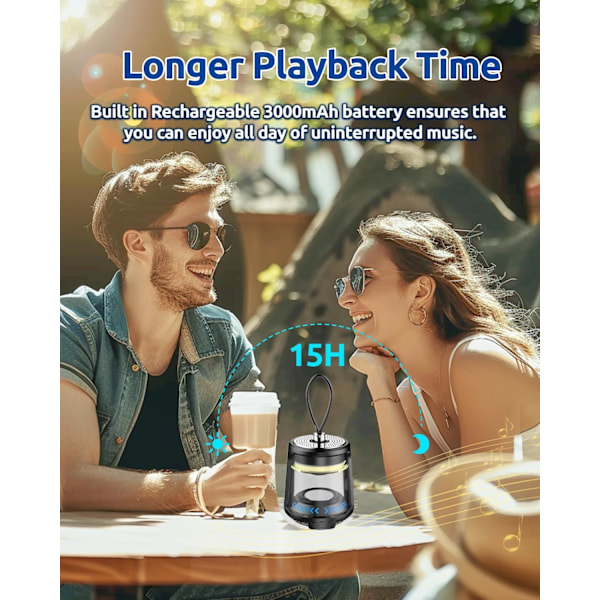 Bärbar Bluetooth-högtalare, 360° RGB-ljus, 25 timmars speltid, magnetisk bas, IPX5 vattentät, Type-C snabbladdning, 5W stereoljud, Co black