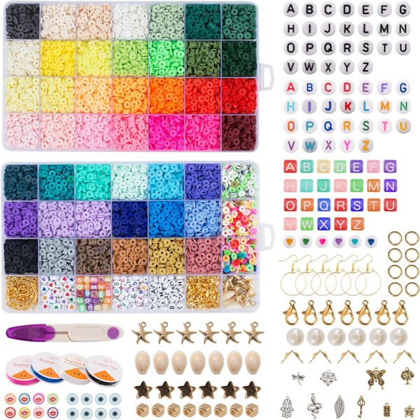 12870 st lerpärlor för armband halsband smyckestillverkningssats, polymerplatt runda pärlor med elastiska snören berlockset
