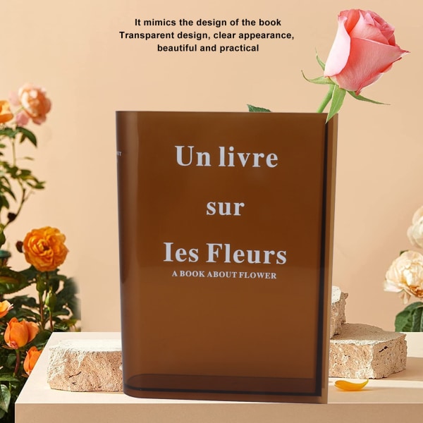 Kirjan muotoinen maljakko kukille, akryylinen, koristeellinen, läpinäkyvä, ruskea