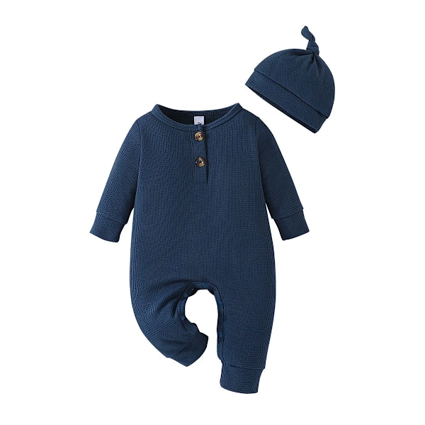 Bebis Kläder Set Spädbarn Pojkar Flickor Nyfödd Baby Sparkdräkt Mössa Ribbstickad Långärmad Knapp Enfärgad Bodysuit Jumpsuit blue 80CM