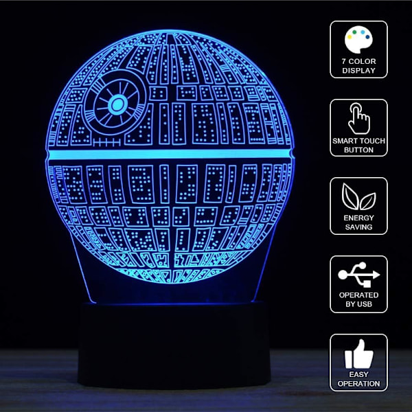 3D Illusionsnatlampa för skrivbord, 7 färger automatisk gradvis växling USB-driven LED-lampor med beröringsbrytare för barnpresenter Heminredning (Death Star)