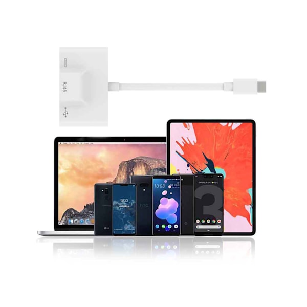 USB-Ethernet-sovitin 3-in-1 Type C -verkkoadapteri, muuntaa matkapuhelimen yhteyden Ethernet-verkkoon