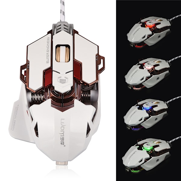 LUOM Ergonomisk USB-kabelansluten spelmus 10 programmerbara knappar Justerbar DPI LED-ljus Vit