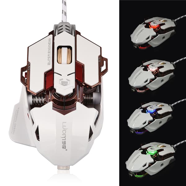 LUOM Ergonomisk USB-kablet Gaming Mus 10 Programmerbare Knapper Justerbar DPI LED Lys Hvid