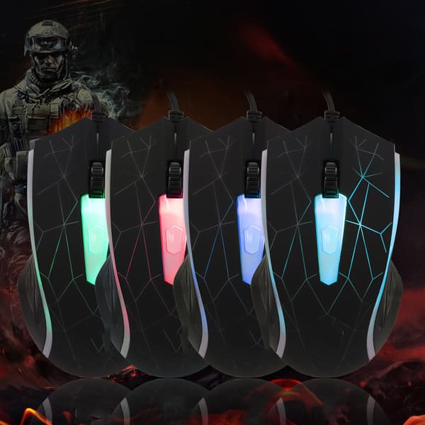 WARWOLF M-01 4D LED Farverig USB Kablet Gaming Lys Mus til Computer Spil Sort