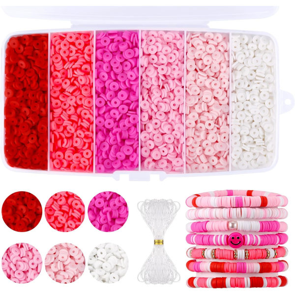 6000 stk. Pink lerperler til armbåndsfremstilling, Heishi-perler Polymer-lerperler, flade runde lerperler til smykkefremstilling (6 mm) 2.Pink