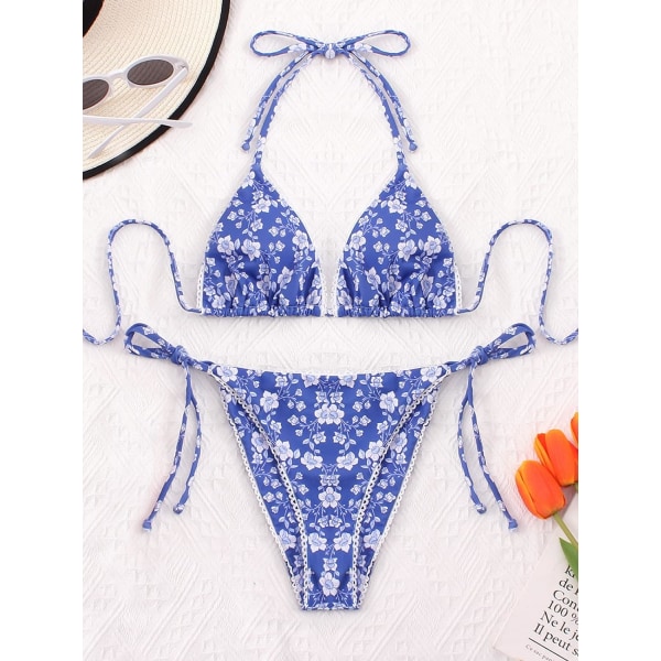Bikinis Badkläder Set för Kvinnor Baddräkt Triangel Badkläder Tie String Trosa Blue Floral M