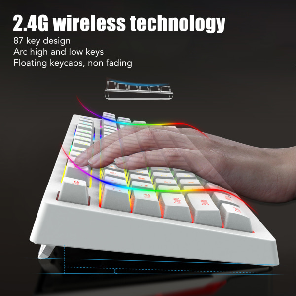 87 taster Trådløst tastatur 2,4G 1800MAh batteri Strømbesparende tilstand LED Mekanisk tastatur med RGB-belysning til gaming pc Hvid
