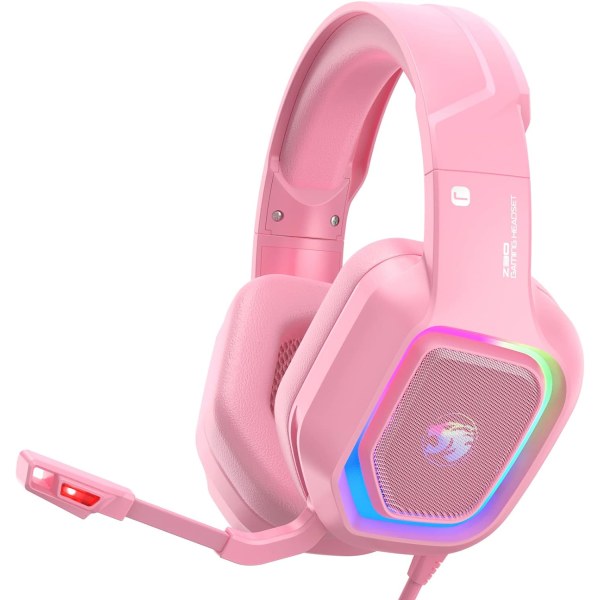 Z30 Rosa Gaming Headset for PS4, PS5, Xbox One, PC, kablet over-ear hodetelefon med støydempende mikrofon, LED-strømmende RGB-lys, 7.1 Surround So Pink