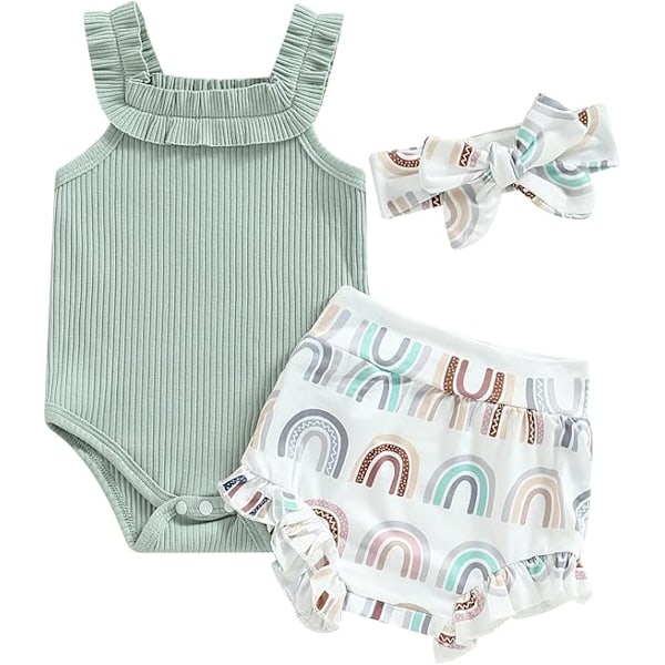 Babykläder Flicka Sommar Söta Kläder 12 18 Månader Spaghettiband Romper & Blommiga Shorts Set green 90CM