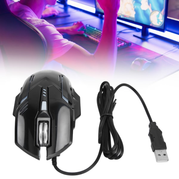 Kablet spillmus DPI 1200 1800 2400 3600 USB-grensesnitt RGB bakgrunnsbelyst Ergonomisk PC-spillemus for hjemmekontor Black
