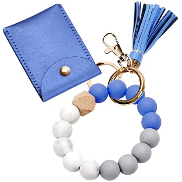 Nyckelring Armband Armband, Silikonpärlstav Nyckelring Armband med kortplånbok, Elastisk nyckelring armband för kvinnor --- Glansigt-blå