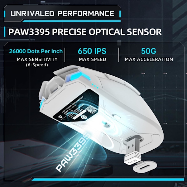 Trådlös Spelmus, 26 000 Punkter Per Tum, PAW3395 Sensor, RGB-Bakgrundsbelysning, Ergonomisk Design, 6 Programmerbara Knappar, Lång Batteritid, Ultralätt White M7 Pro