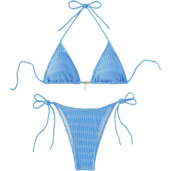 WJSM Dame Halterneck Tie Side Triangle Bikini Set Høy Skjæring 2 Delers Bikini Badetøy Blue Color S