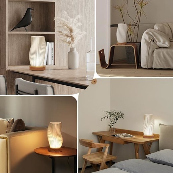 Knappkontrollert bordlampe for soverom 12-veis dimbar nattbordslampe med PLA-skjerm for stue, barnerom, kontor