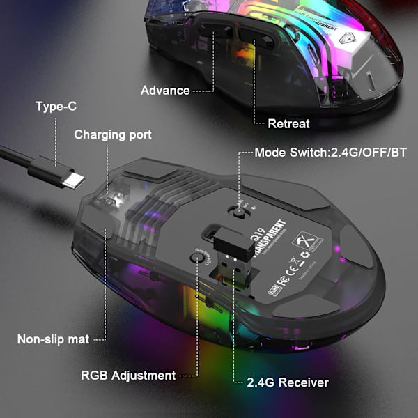 Bluetooth Trådlös Mus, Tri-Mode 2.4G/USB-C/Bluetooth Mus Upp till 3600 DPI, Transparent Mekanisk Spelmus, Chroma RGB Bakgrundsbelyst Black
