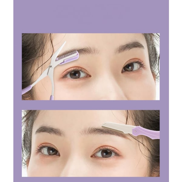 3-i-1 ögonbrynssaxkit, kvinnors ögonbrynskamning, inklusive: ögonbrynssax, pincett, ansiktsrakhyvel (lila)