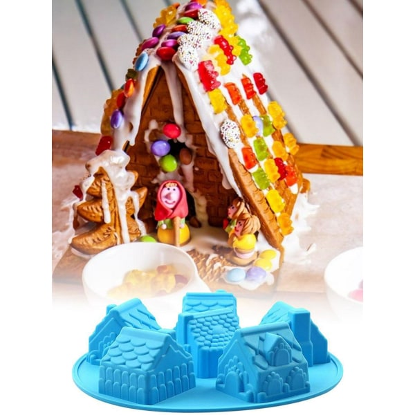 Pepparkakshusform 6-håls Jul Litet Hus Bakplåt Silikon Bakformar 3D för DIY Gör Brownies Choklad
