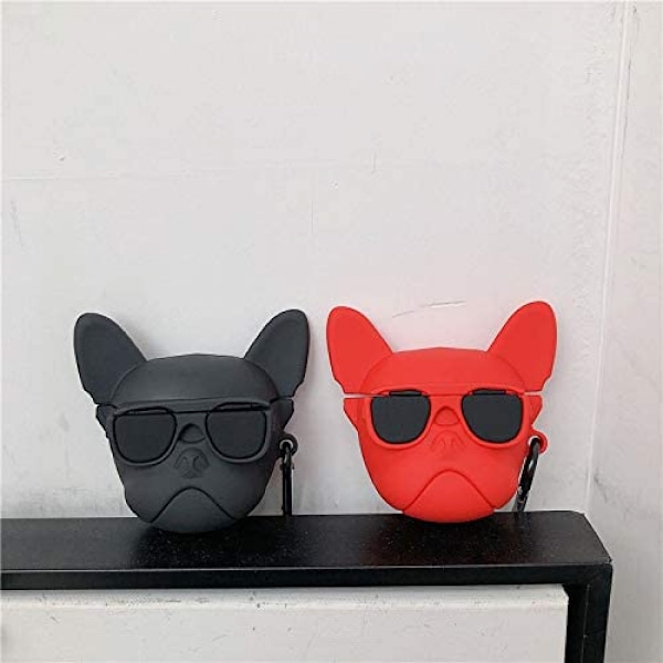 Snyggt glas Bulldog-format mjukt silikonfodral för AirPods-fodral, skyddande skal för hörlurar, AirPods1&2+krok - Svart