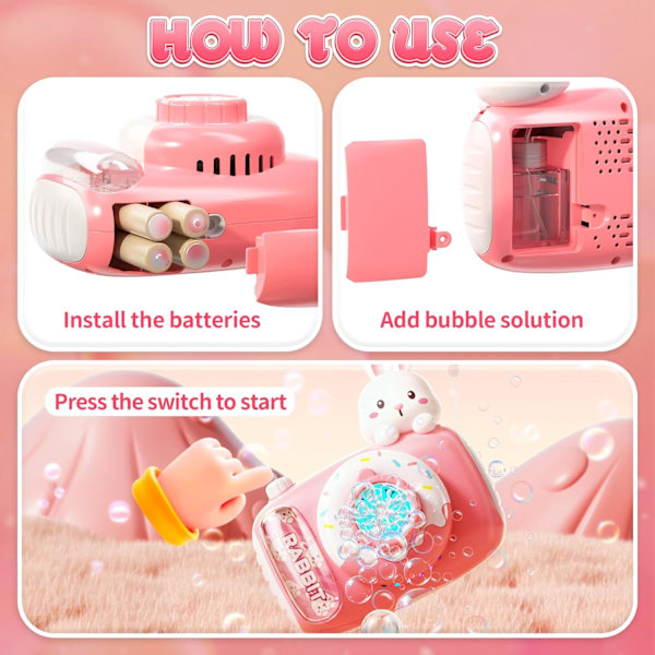 Eagle Stone Påskhare Bubbelmaskin, Barnkamera bubbelmaskin, automatisk bubbelmaskin med ljus, band, 2 bubbelvatten pink