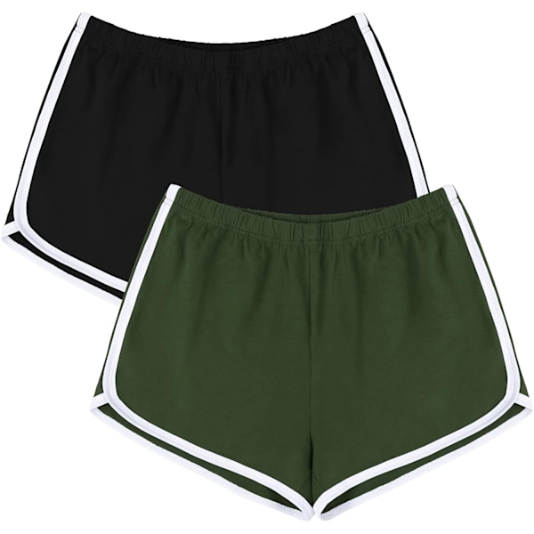 2-pack bomullssportsshorts yoga dansshortbyxor sommar träningsbyxor, svart, armégrön (XL)