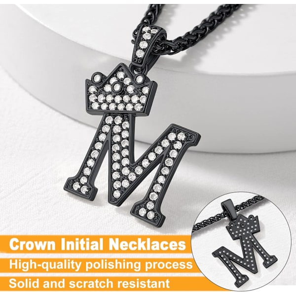 Krona Initial A-Z Halsband, Iced Out Letter Hänge med 22-24 Tums Kedja, Män Kvinnor Bling Hip Hop Alfabet Namn Smycken Present Stora Initialer Halsband M Black