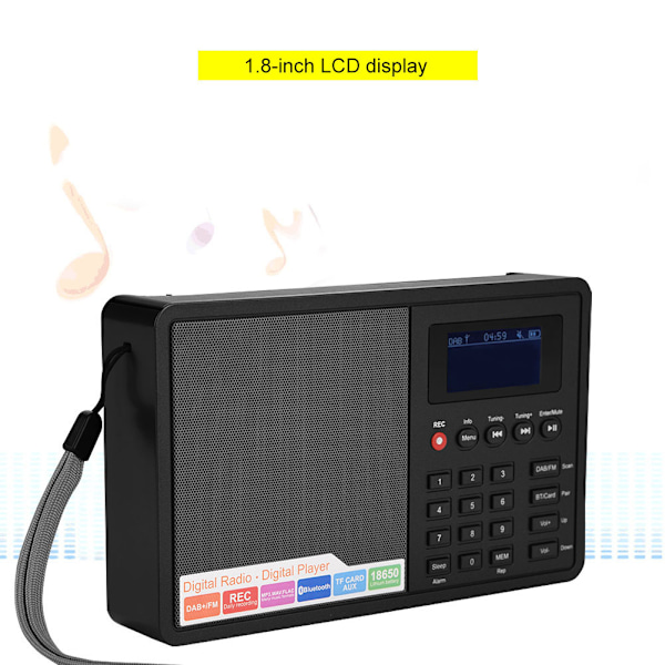 Bärbar Bluetooth DAB+ FM RDS Digital Radio 1,8-tums LCD-skärm TF-kort Digitalspelare