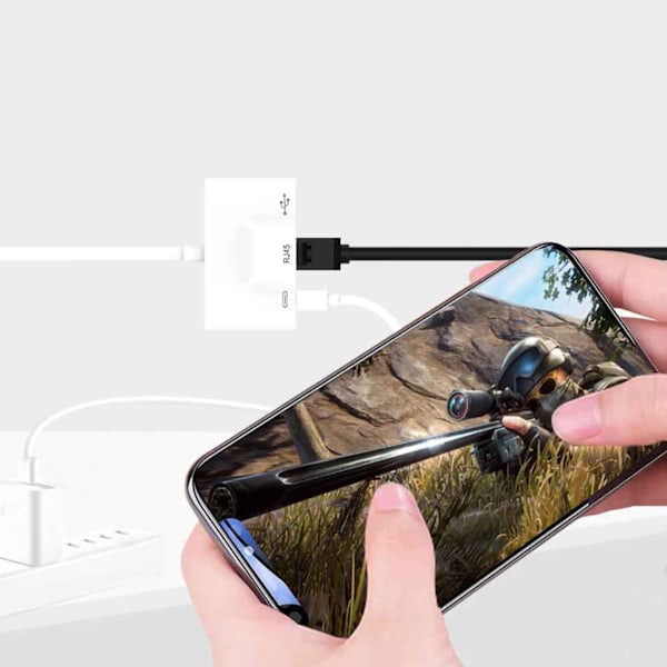 USB-Ethernet-sovitin 3-in-1 Type C -verkkoadapteri, muuntaa matkapuhelimen yhteyden Ethernet-verkkoon