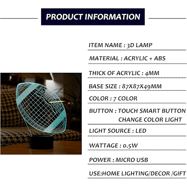 3D Natlampe til Drenge Fodbold Illusion Lampe USB Berøring 7 Farve Skiftende Soveværelse Bordlampe Fødselsdagsgave til Børn