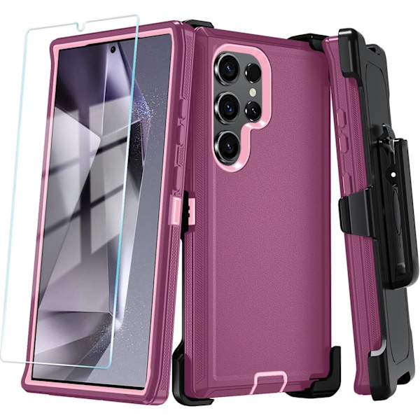 Kompatibel med Samsung GaIaxy S24 Ultra 6.8 tum Skal med HD Skärmskydd, Kraftigt stöttåligt & fallsäkert 3-Lagers Telefonskydd BeltClip_WineRed