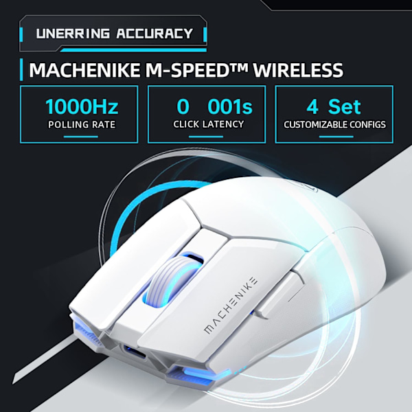 Trådløs Gaming Mus, 26.000 DPI, PAW3395 Sensor, RGB Baggrundsbelysning, Ergonomisk Design, 6 Programmerbare Knapper, Lang Batterilevetid, Ultralet White M7 Pro