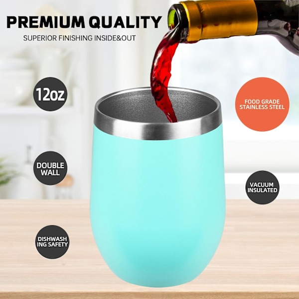12OZ ruostumattomasta teräksestä valmistettu viinitumbler kannella. Varreton kaksinkertainen eristetty viinitumbler. Viinilasi sopii erilaisiin tilanteisiin, juhliin Sky Blue 1 PCS