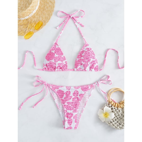 WJSM Dame Halterneck Binde Side Trekant Bikini Sæt Høj Skæring 2 Del Bikini Badetøj Pink C L