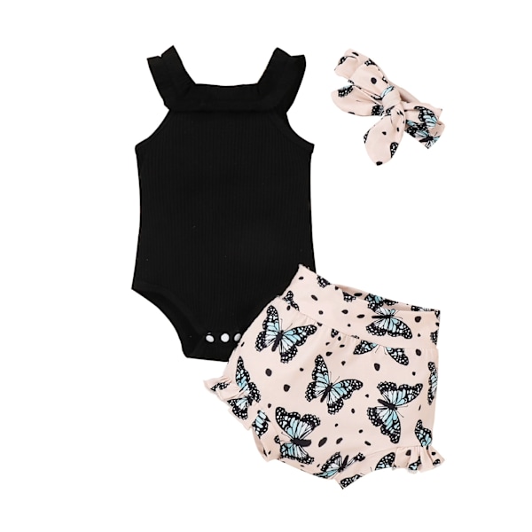 Babykläder Flicka Sommar Söta Kläder 12 18 Månader Spaghettiband Romper & Blommig Shorts Set black 80CM
