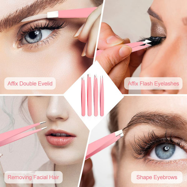 Pincetsæt - Professionel pincet i rustfrit stål til øjenbryn - Stor præcision til fjernelse af ansigtshår, splinter og indgroet hår (Pink)
