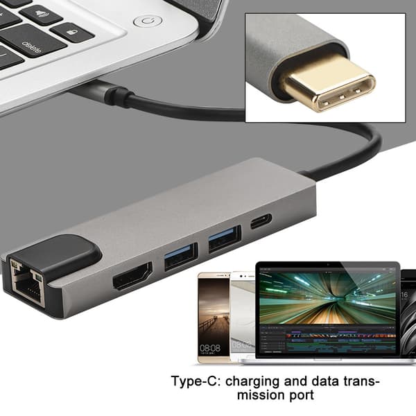 Type-C Hub Type-C til HDMI / 2 * USB3.0 / Gigabit Ethernet / PD Dockingstation