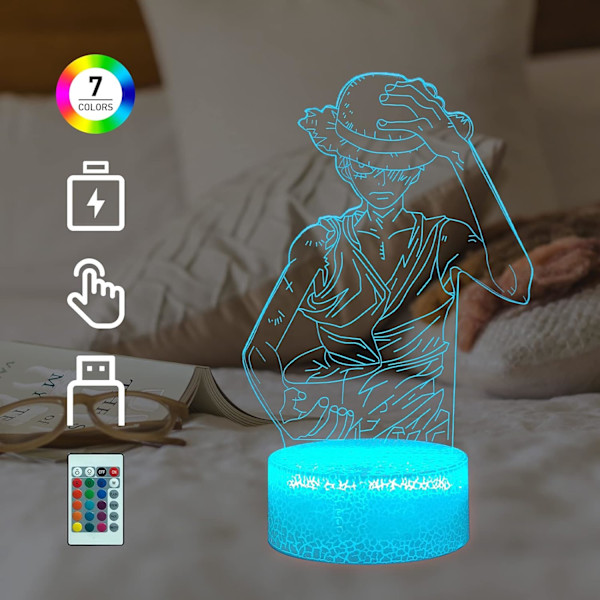 Japan Character Luffy 3D LED nattlampe for barn gutt 7 fargeendring fjernkontroll skrivebord bordlampe jul