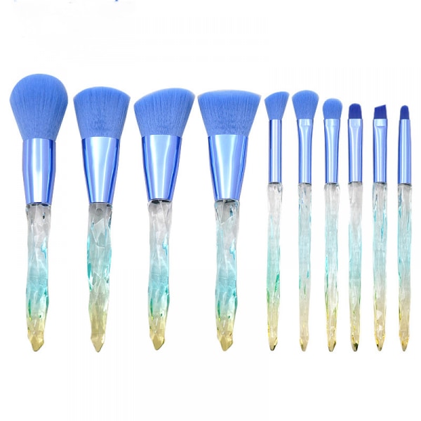 Gennemsigtigt krystal diamantskaft makeup børste sæt, 10 farverige glasskaft fiber hår løs pudder øjenbørste (blå)