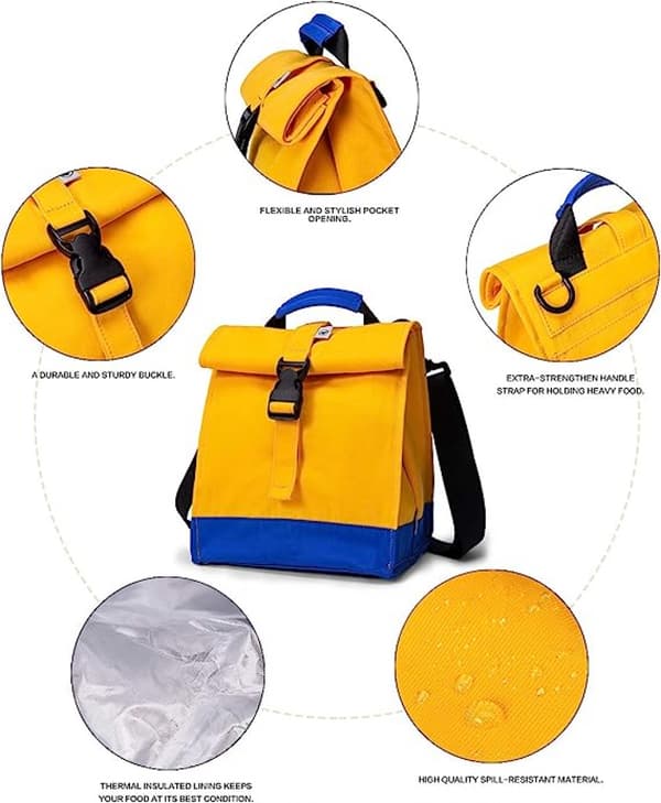Isolert lunsjpose Rolltop lunsjboks Tote lunsjpose for kvinner, menn, gutter og jenter (gul)