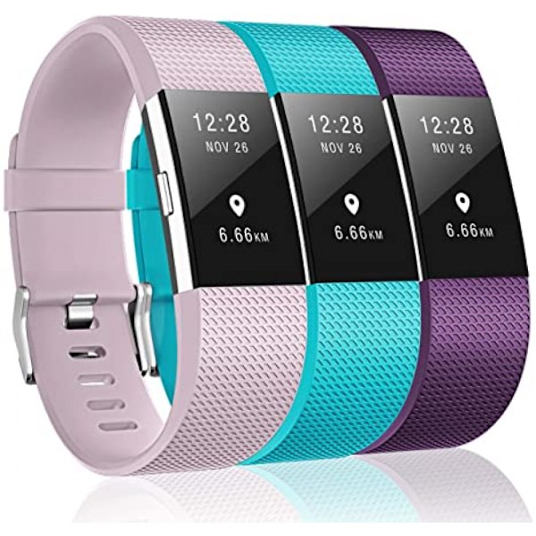 3-pak remme kompatibel med Fitbit Charge 2, klassiske og special edition udskiftningsremme til Fitbit Charge 2, kvinder mænd（Lavendel/Teal/Blomme-L）