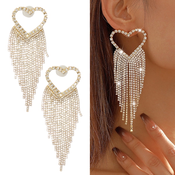 2 stk Hjerteformet anheng dinglende øredobber legering rhinestone lange frynse øredobber smykker for kvinner jenter gull