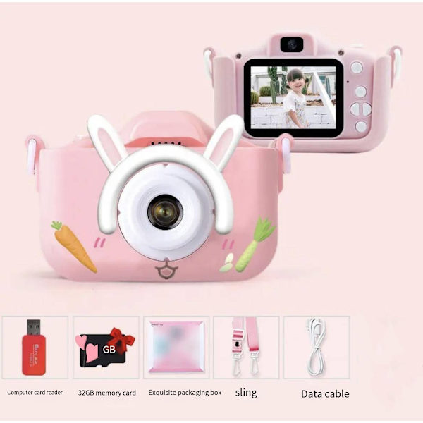 Lasten kamera, jolla voi ottaa kuvia ja videoita, lasten syntymäpäivälahjat, pieni järjestelmäkamera, sarjakuvalelut Pink Turnip Rabbit 32G Memory Card Kit